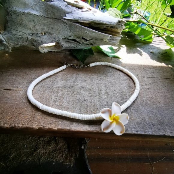 Puka Shell and Plumeria Flower Necklace - Picture 1 of 15